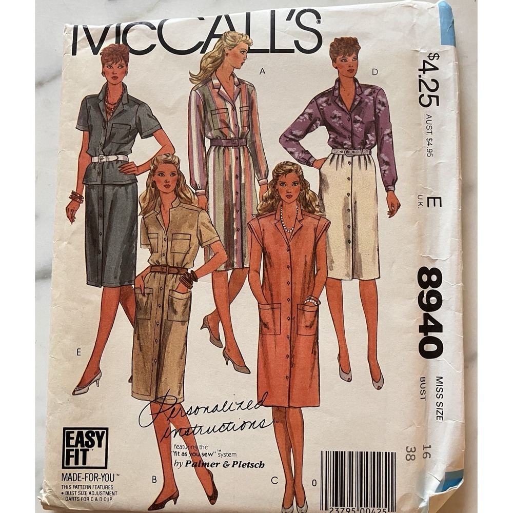 Vintage McCall's 8940 Straight Dress or Shirt & Skirt Pattern Misses' 16 Uncut
